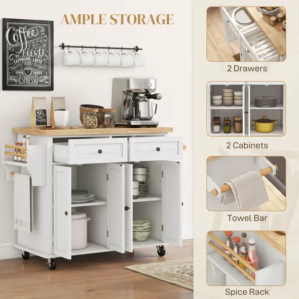 HOMCOM Rolling Kitchen Island Storage Trolley with Rubber Wood Top & Drawers for Dining Room, Cream White - 6