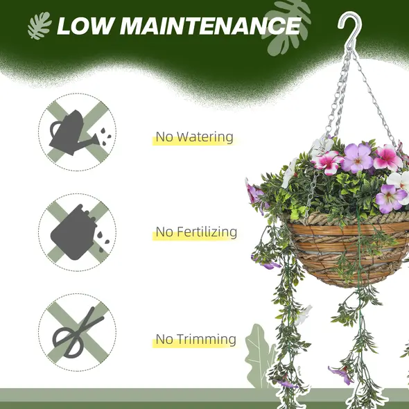 HOMCOM Set of 2 Artificial Silk Azalea Flowers, Hanging Planters with Basket, Faux Plants for Home Indoor Outdoor Decor, Pink and White - 6