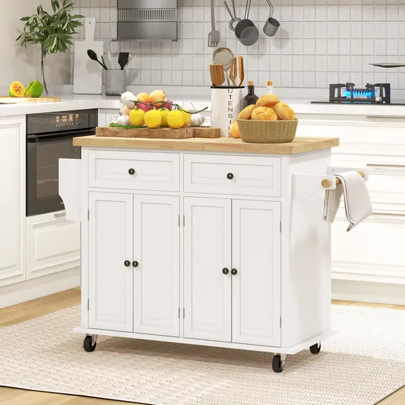 HOMCOM Rolling Kitchen Island Storage Trolley with Rubber Wood Top & Drawers for Dining Room, Cream White - 2