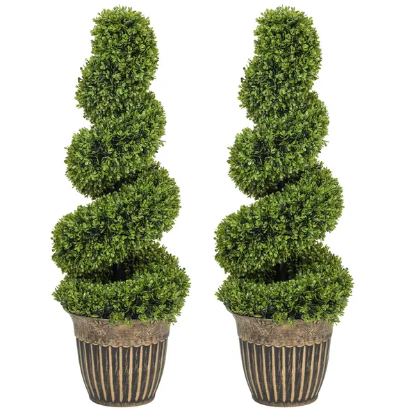 HOMCOM Set of 2 Artificial Plants, Topiary Spiral Boxwood Trees with Pot, for Home Indoor Outdoor Decor, 90cm - 1
