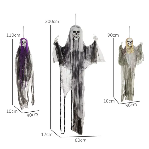 HOMCOM Set of 3 Hanging Skeleton Halloween Decorations, Scary Flying Ghost for Garden, Party, 90/110/170cm - 3