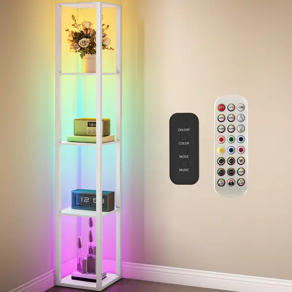 HOMCOM RGB LED Floor Lamp with Shelves, Modern Dimmable Standing Lamp with Remote Control, Adjustable Brightness & Speed for Living Room, Bedroom, Office, White - 9
