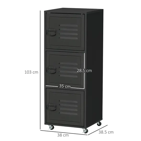 HOMCOM Rolling Storage Cabinet 3-Tier Mobile File Cabinet with Wheels & Metal Doors for Home Office, Living Room, Black - 3