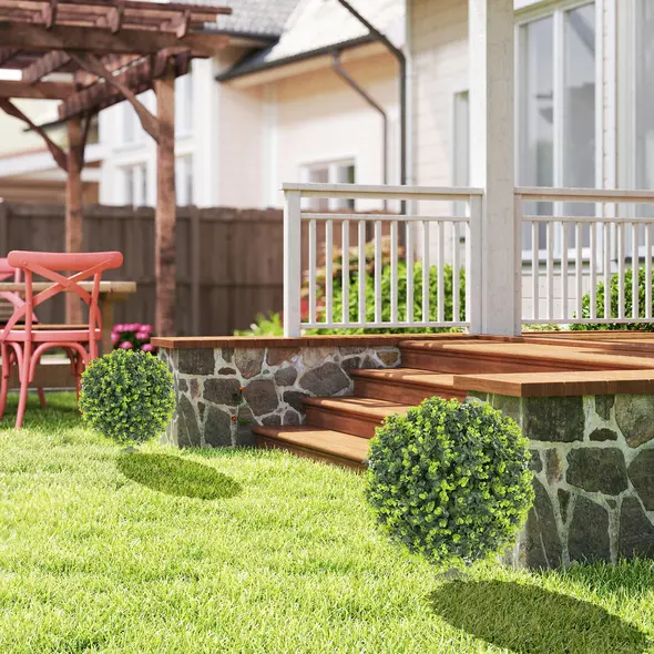 HOMCOM Set of 2 40 cm Artificial Boxwood Topiary Ball Bush with Integrated Ground Stake, Indoor Outdoor UV Resistant Faux Greenery, Faux Plants for Garden, Porch, Balcony - 2