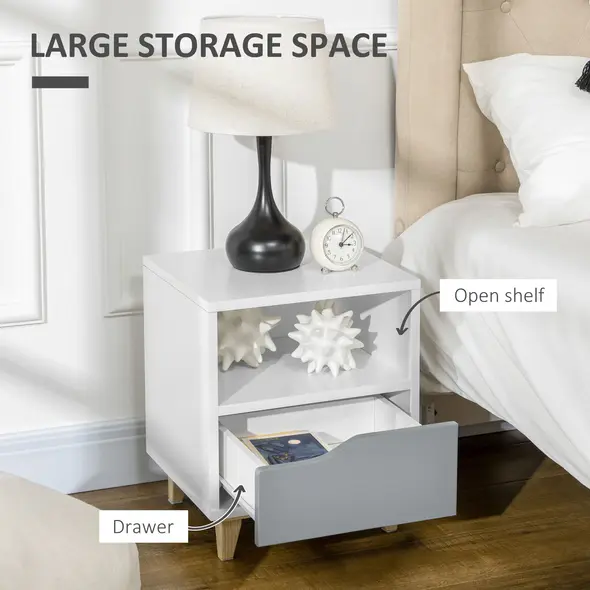 HOMCOM Set of 2 Modern Bedside Tables with Shelves, Drawers and Wood Legs, 36.8cm x 33cm x 43.8cm, White and Grey - 5