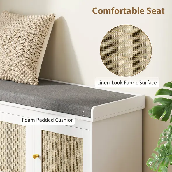 HOMCOM Shoe Storage Bench with Woven Rattan Doors, Seat - White - 5
