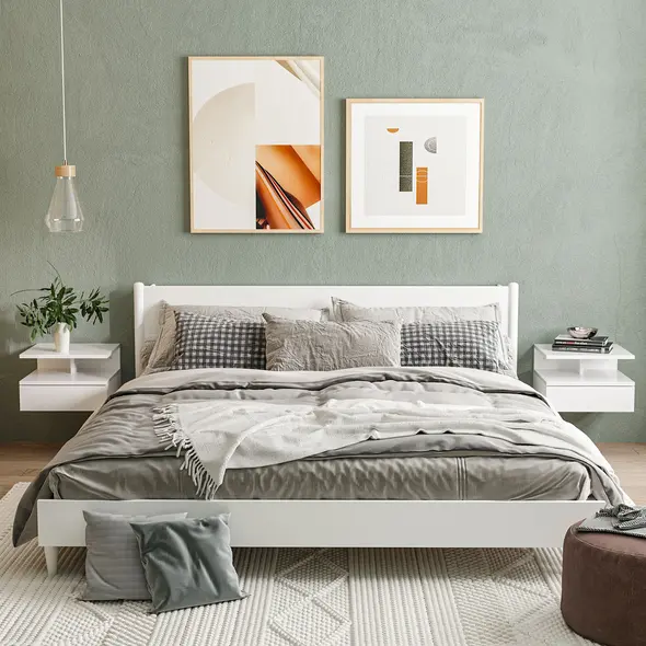 HOMCOM Set of Two Floating High Gloss Bedside Tables - White - 2