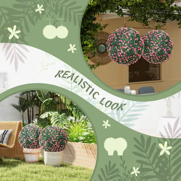 HOMCOM Set of Two Artificial Boxwood Balls Plants - Pink - 4