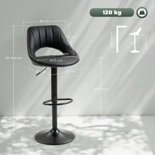 HOMCOM Set of Two Faux Leather Bar Stools - Black - 3