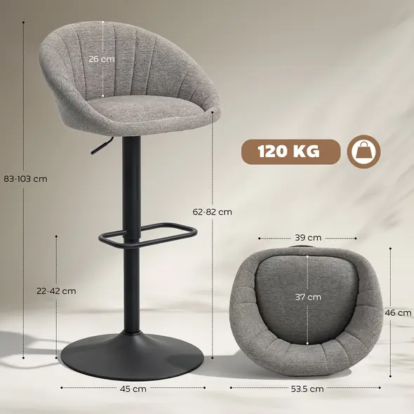 HOMCOM Set of Two Relaxed Tub Bar Stools - Grey - 3