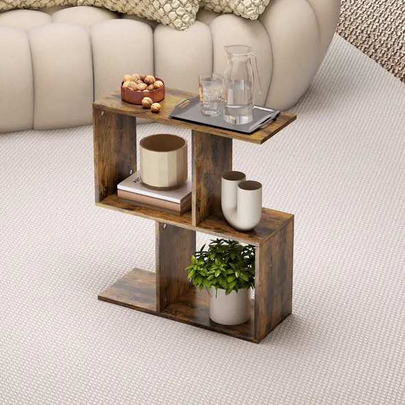 HOMCOM Side Table, Narrow End Table with Storage Shelves, S-Shaped, 3-Tier, 50W x 19.5D x 58H cm, Rustic Brown - 7
