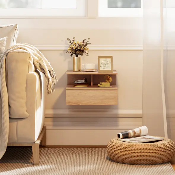 HOMCOM Set of Two Floating Bedside Tables - Oak Tone - 9