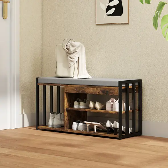 HOMCOM Shoe Storage with Seat, Upholstered Entryway Bench, Shoe Bench with 3 Open Shelves for Hallway, Rustic Brown - 6