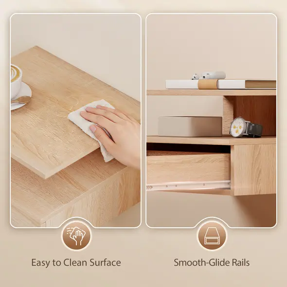 HOMCOM Set of Two Floating Bedside Tables - Oak Tone - 7