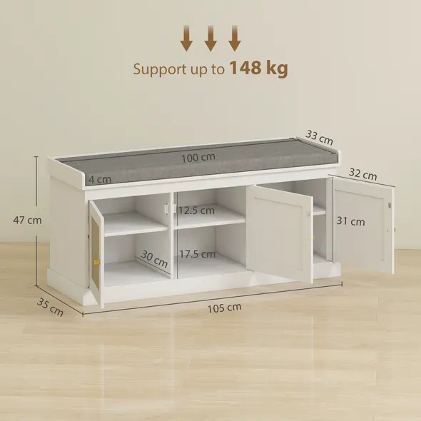 HOMCOM Shoe Storage Bench with Woven Rattan Doors, Seat - White - 3