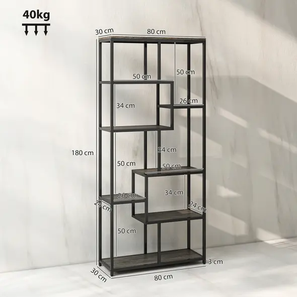 HOMCOM Seven-Tier Geometric Bookcase - Grey/Black - 3