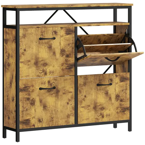 HOMCOM Shoe Storage Cabinet with 4 Flip Drawers and Open Shelf - Rustic Brown - 1