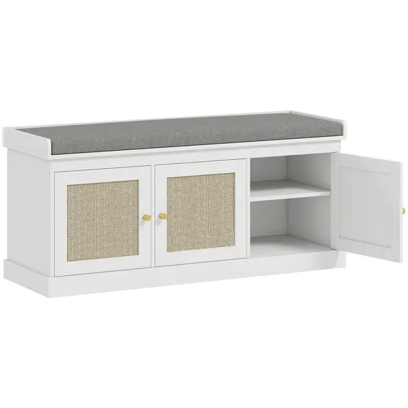 HOMCOM Shoe Storage Bench with Woven Rattan Doors, Seat - White - 1