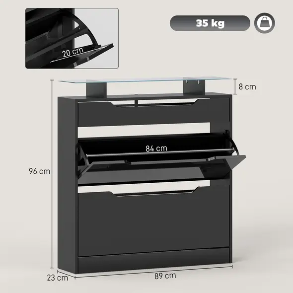 HOMCOM Shoe Storage Cabinet with Slide Out Drawer, 2 Flip Doors, Tempered Glass Top - Black - 3