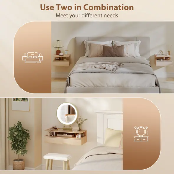 HOMCOM Set of Two Floating Bedside Tables - Oak Tone - 6