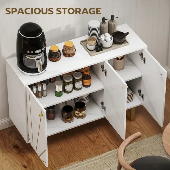 HOMCOM Sideboard Storage Cabinet, Modern Storage Cupboard with Adjustable Shelves and Metal Legs for Living Room, Kitchen, Dining Room, Entryway, White Marble Tone - 4