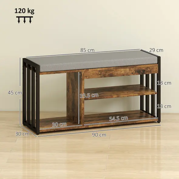 HOMCOM Shoe Storage with Seat, Upholstered Entryway Bench, Shoe Bench with 3 Open Shelves for Hallway, Rustic Brown - 3
