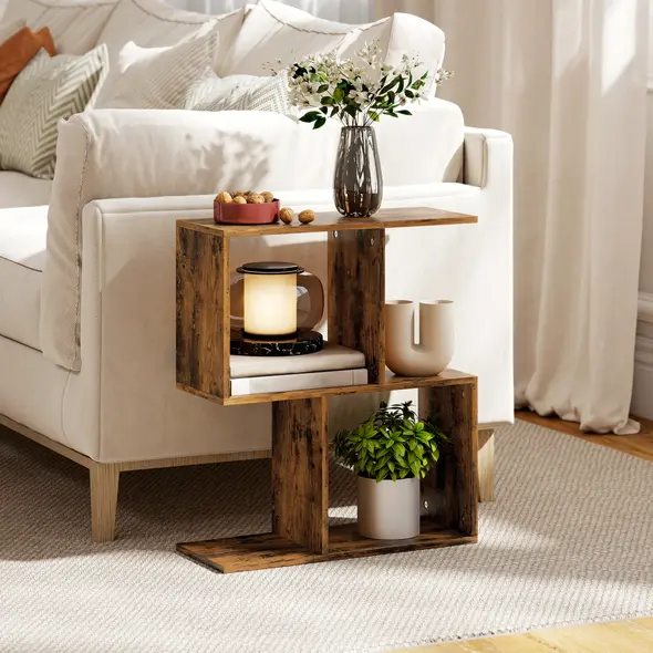 HOMCOM Side Table, Narrow End Table with Storage Shelves, S-Shaped, 3-Tier, 50W x 19.5D x 58H cm, Rustic Brown - 2