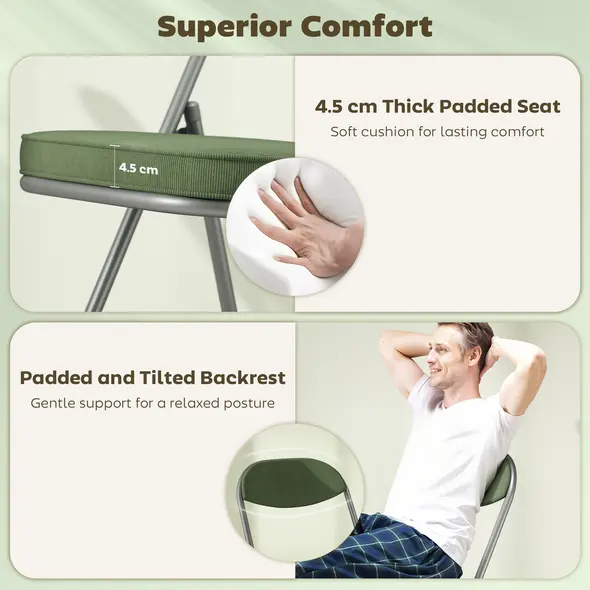 HOMCOM Set of Four Folding Corduroy Seat Chairs - Green - 4