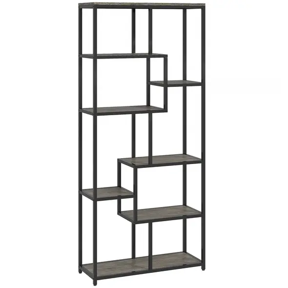 HOMCOM Seven-Tier Geometric Bookcase - Grey/Black - 1