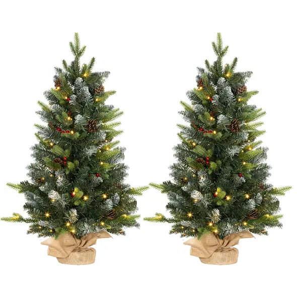 HOMCOM Set of Two 3ft Christmas Trees, with Lights, Berries and Pinecones - 1