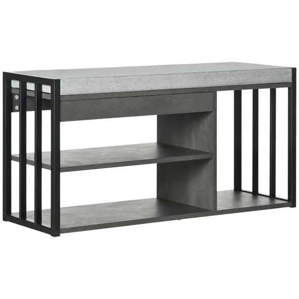 HOMCOM Shoe Storage with Seat, Upholstered Entryway Bench, Shoe Bench with 3 Open Shelves for Hallway, Grey - 1
