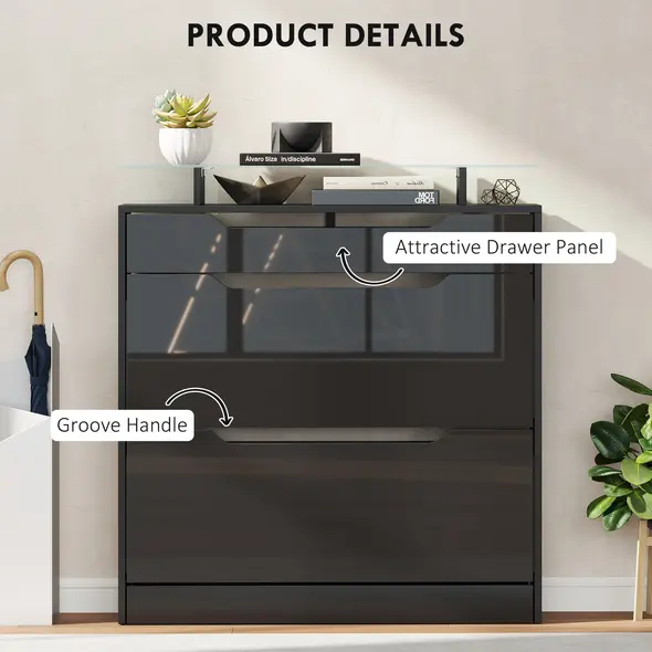HOMCOM Shoe Storage Cabinet with Slide Out Drawer, 2 Flip Doors, Tempered Glass Top - Black - 6