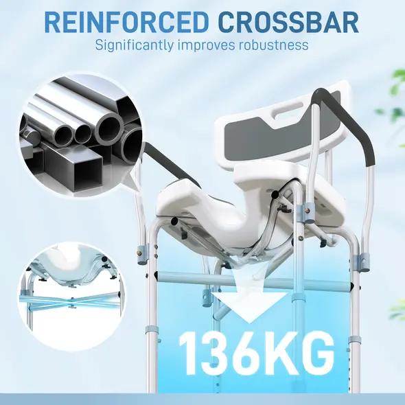 HOMCOM Shower Chair with Hygiene Cut-Out Seat and Reinforced Crossbars, Height Adjustable Padded Bath Chair with Non-slip Feet for Elderly Seniors Disabled Handicap, Tool-Free Assembly, Grey - 6