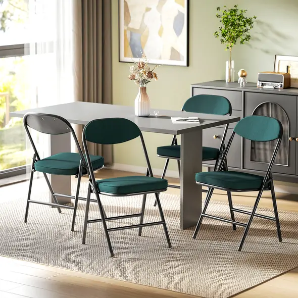 HOMCOM Set of Four Folding Corduroy Seat Chairs - Teal - 2