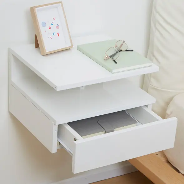 HOMCOM Set of Two Floating High Gloss Bedside Tables - White - 7