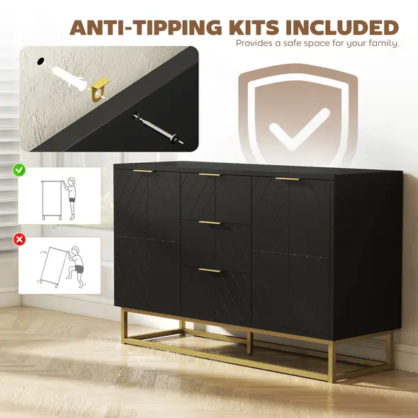 HOMCOM Sideboard with 3 Drawers and Adjustable Shelves for Living Room - Black - 7