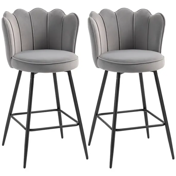 HOMCOM Set of Two Velvet-Feel Lotus Bar Stools - Grey - 1