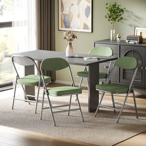 HOMCOM Set of Four Folding Corduroy Seat Chairs - Green - 2
