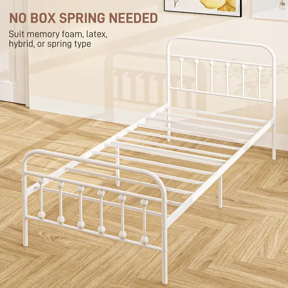 HOMCOM Single Minimalistic Metal Bed Frame - White - 6