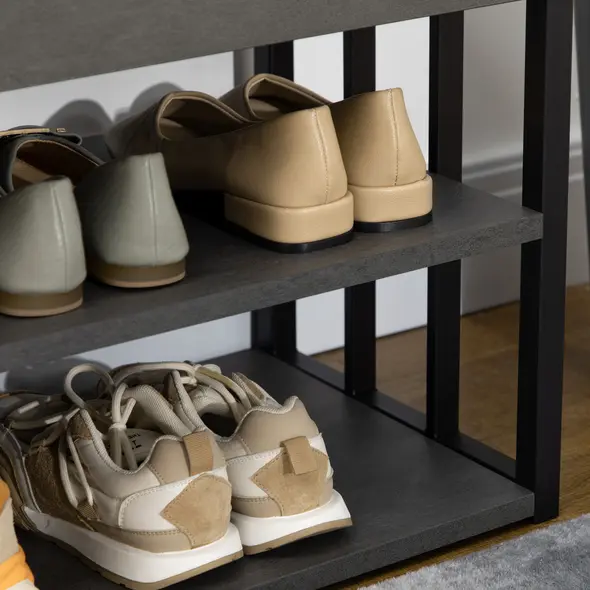 HOMCOM Shoe Storage with Seat, Upholstered Entryway Bench, Shoe Bench with 3 Open Shelves for Hallway, Grey - 8