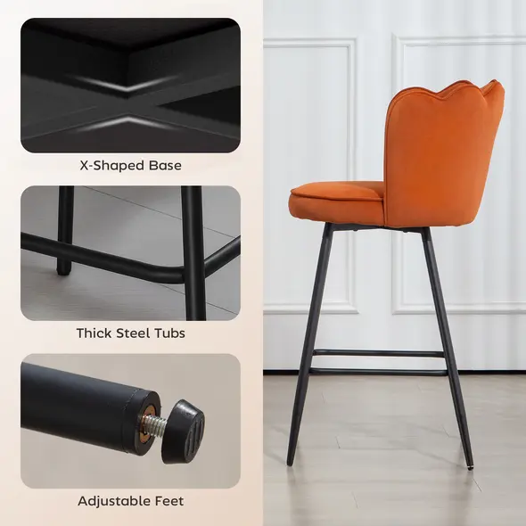 HOMCOM Set of Two Velvet-Feel Lotus Bar Stools - Orange - 6