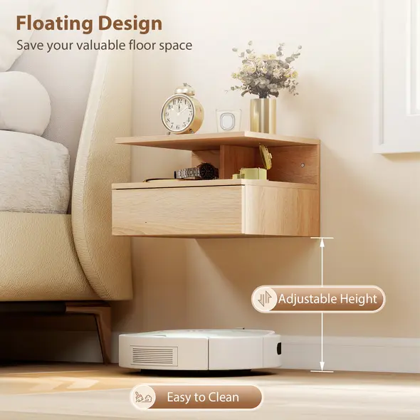 HOMCOM Set of Two Floating Bedside Tables - Oak Tone - 5