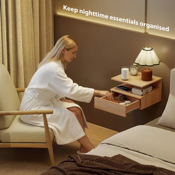 HOMCOM Set of Two Floating Bedside Tables - Oak Tone - 4