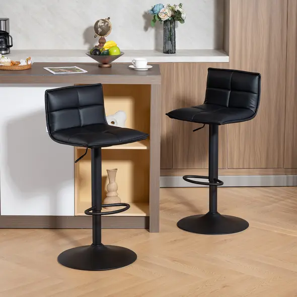 HOMCOM Set of Two Modern Faux Leather Bar Stools - Black - 2