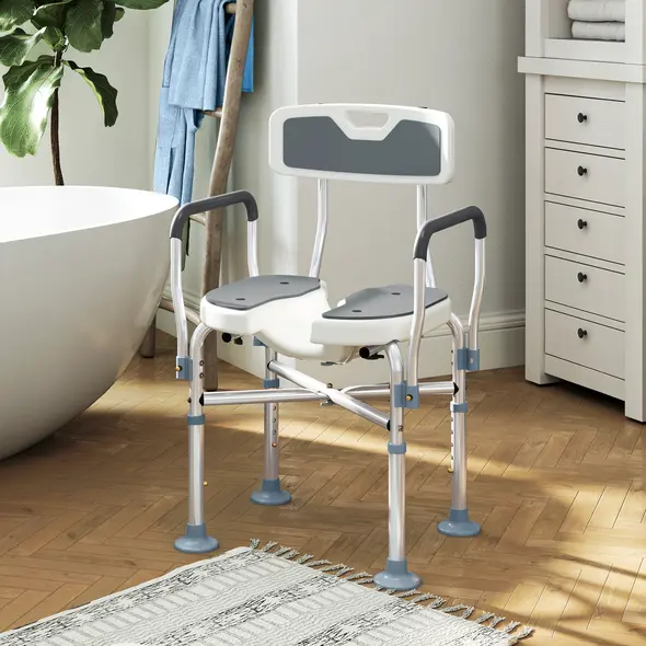 HOMCOM Shower Chair with Hygiene Cut-Out Seat and Reinforced Crossbars, Height Adjustable Padded Bath Chair with Non-slip Feet for Elderly Seniors Disabled Handicap, Tool-Free Assembly, Grey - 2