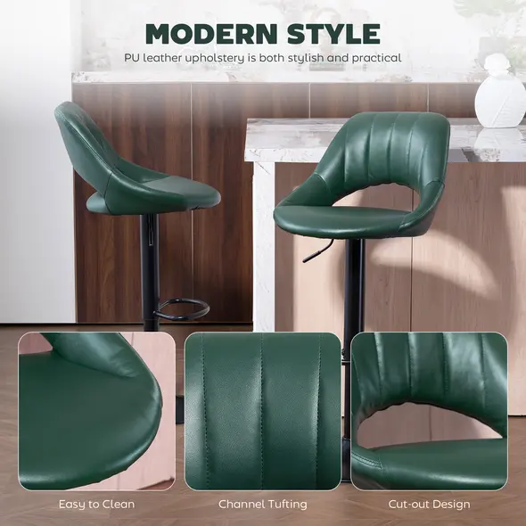 HOMCOM Set of Two Faux Leather Bar Stools - Dark Green - 7