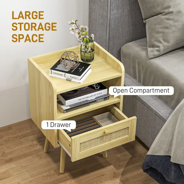 HOMCOM Set of Two Rattan Weave Bedside Tables - Wood Effect - 4