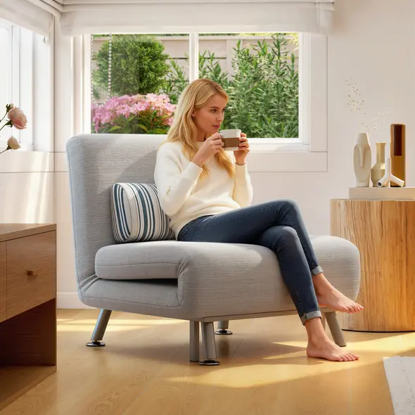 HOMCOM Single Sofa Bed, 1 Person Sleeper Foldable Lounge with Pillow, Light Grey - 2