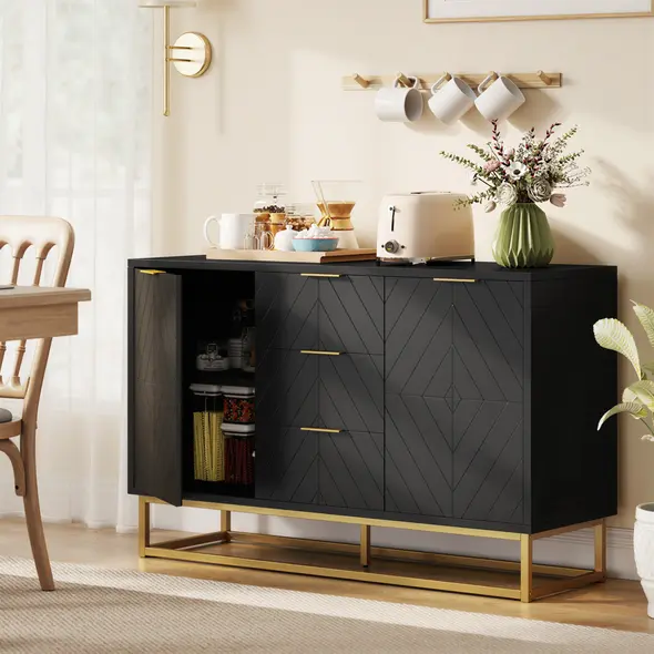 HOMCOM Sideboard with 3 Drawers and Adjustable Shelves for Living Room - Black - 2