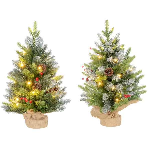 HOMCOM Set of Two 2ft Christmas Trees, with Lights, Berries and Pinecones - 1